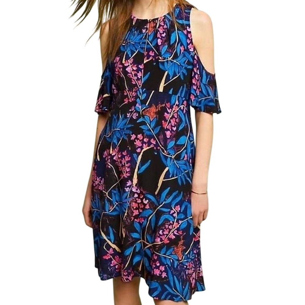 Anthropologie Maeve Elia Cold Shoulder Dress Womens 0 Blue Pink Floral Whimsical